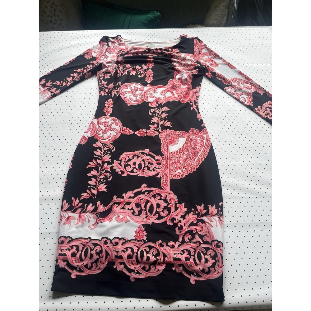 Cache Pink Baroque Print Bodycon Dress Women Small Metallic Gold Scroll Mini
